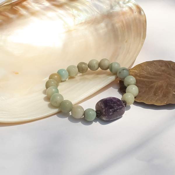 Amazonite & Amethyst Tumble Bracelet for Calming Mind 10mm Reiki Charged
