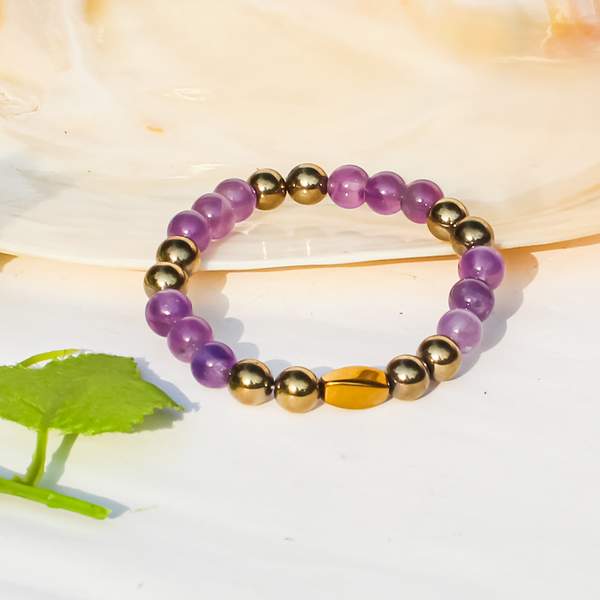 Amethyst and Pyrite Crystal Bracelet for Stress Relief & Wealth Attraction