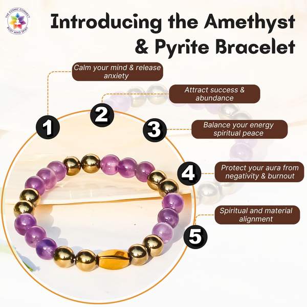 Amethyst and Pyrite Crystal Bracelet for Stress Relief & Wealth Attraction 4
