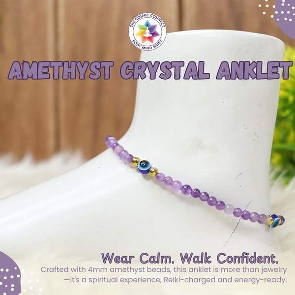 Amethyst Crystal Anklet for Protection, Calmness & Spiritual Awakening Evil Eye 3