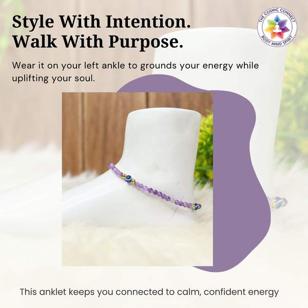 Amethyst Crystal Anklet for Protection, Calmness & Spiritual Awakening Evil Eye 6
