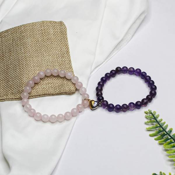 Amethyst & Rose Quartz Couple Bracelet with Heart Charm for Love and Harmony