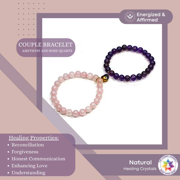 Amethyst & Rose Quartz Couple Bracelet with Heart Charm for Love and Harmony 2