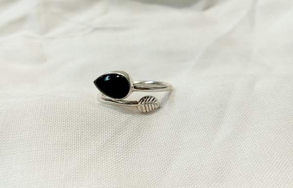 Black Agate Adjustable Silver Ring for Protection, & Strength