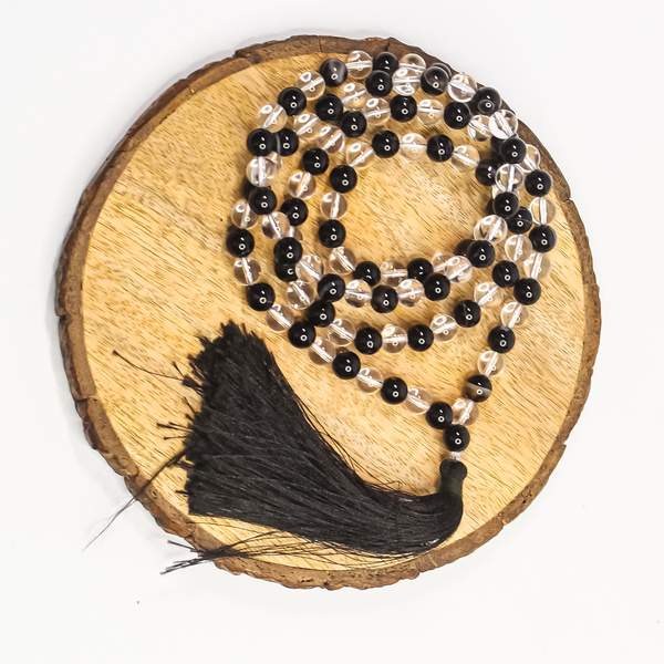 Black Sulemani Hakik + Clear Quartz 108 Beads Jap Mala for Spiritual Awakening