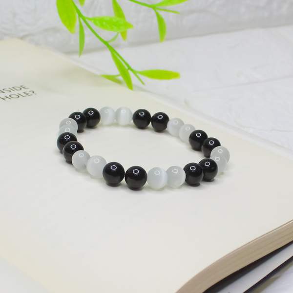 Black Tourmaline & Selenite Bracelet | Protection & Purification | 8mm Beads