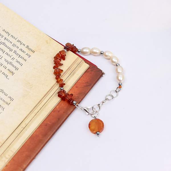 Carnelian and Pearl Crystal Bracelet for Vitality, and Courage Charged