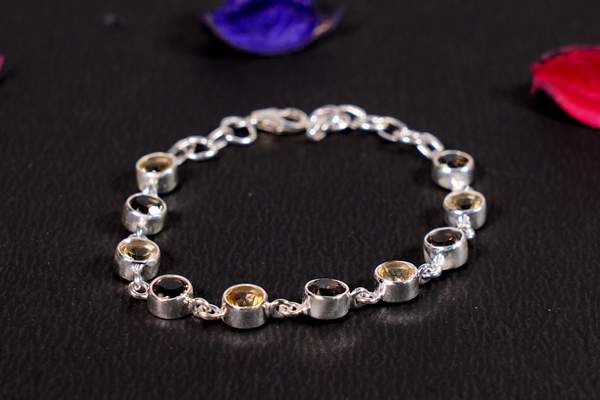 Citrine & Smoky Quartz 925 Silver Bracelet for Prosperity & Protection
