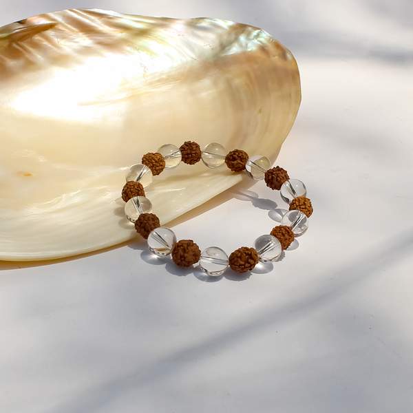 Clear Quartz & 5-Faces Rudraksh Bracelet for Clarity, Spirituality