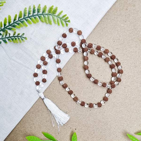 Clear Quartz + 5 Mukhi Rudraksha Jap Mala for Spiritual Energy & Inner Peace