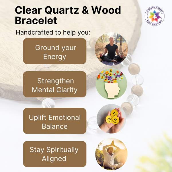 Clear Quartz & Wood Healing Bracelet For Focus, Energy & Everyday Balance 6