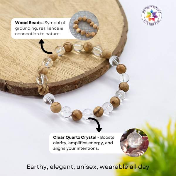 Clear Quartz & Wood Healing Bracelet For Focus, Energy & Everyday Balance 7