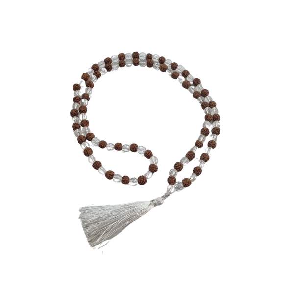 Faceted Clear Quartz + 5 Mukhi Rudraksha Jap Mala for Clarity & Protection