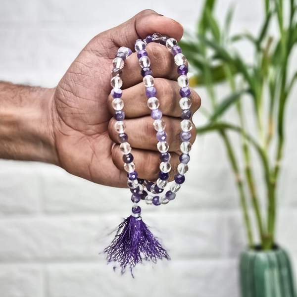 Faceted Clear Quartz + Amethyst Jap Mala for Clarity & Protection