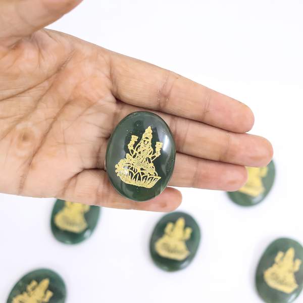 Green Jade Coin Embedded Goddess Laxmi & Shree Yantra