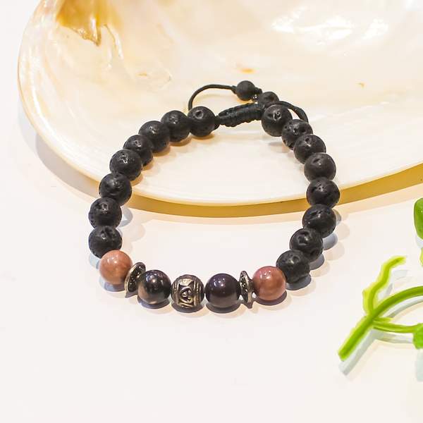 Healing Lava Stone and Rhodonite Threaded Bracelet Stress Relief