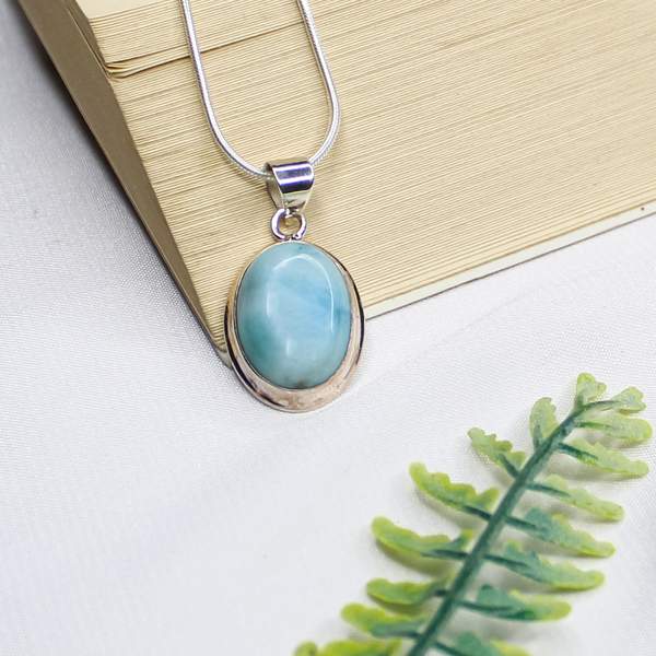 Larimar Cabochon Silver Pendant for Divine Communication