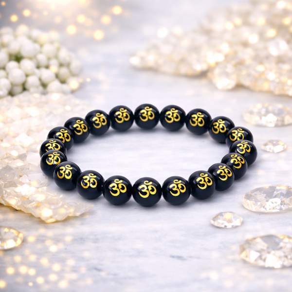 Natural Black Obsidian Om Healing Bracelet – Protection, Grounding