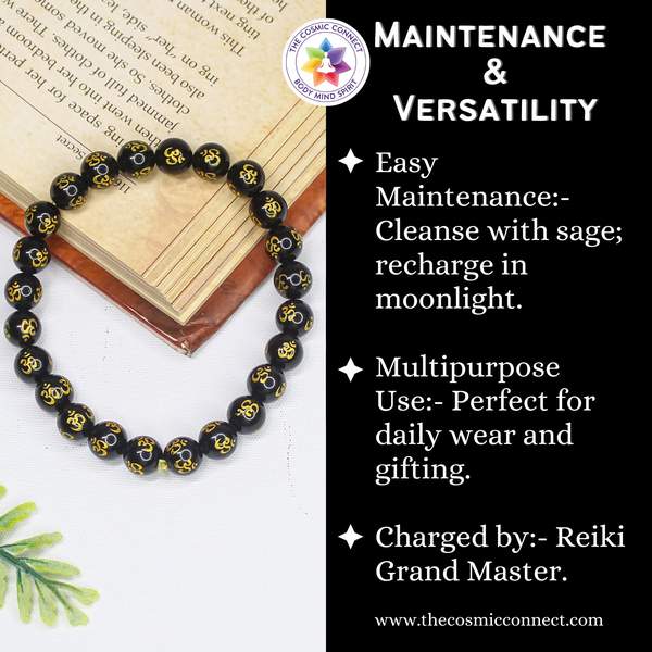 Natural Black Obsidian Om Healing Bracelet – Protection, Grounding 5