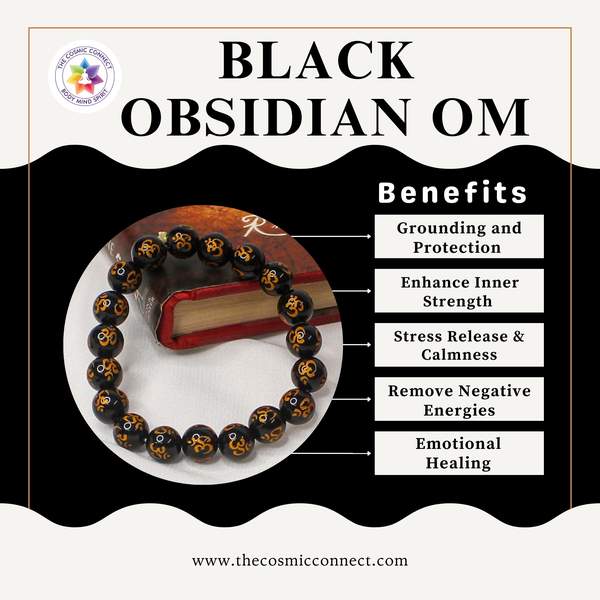 Natural Black Obsidian Om Healing Bracelet – Protection, Grounding 7