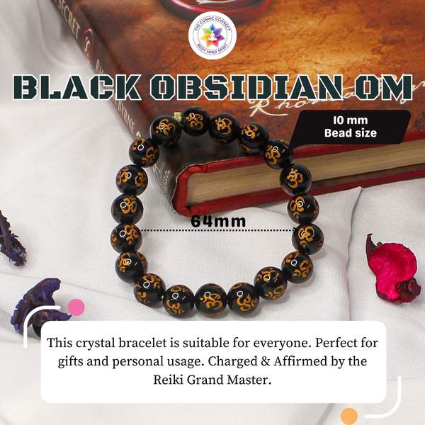 Natural Black Obsidian Om Healing Bracelet – Protection, Grounding 8
