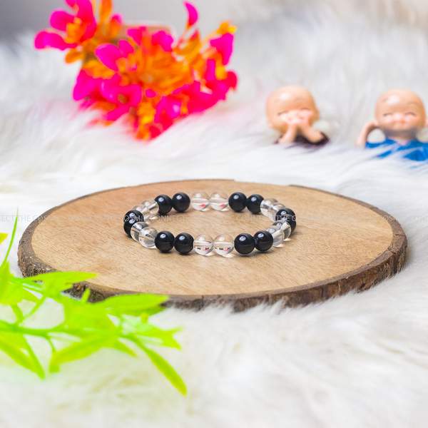 Natural Black Tourmaline and Clear Quartz Crystal Bracelet Protection, & Clarity