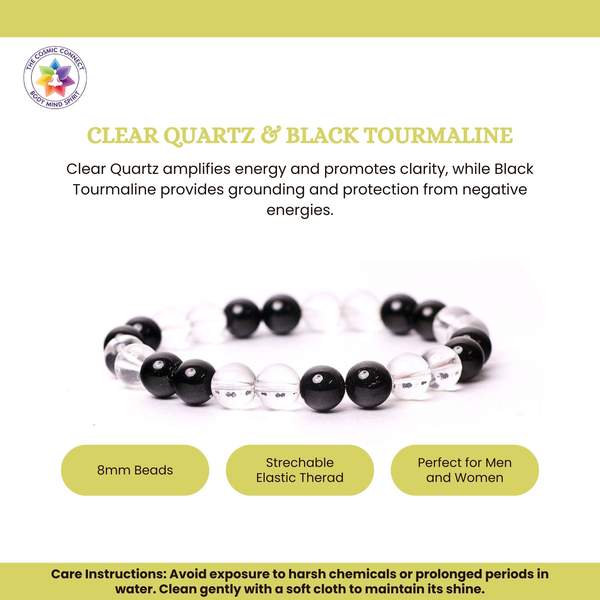 Natural Black Tourmaline and Clear Quartz Crystal Bracelet Protection, & Clarity 3