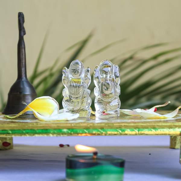 Natural Clear Quartz Laxmi & Ganesh Idol Divine Blessings