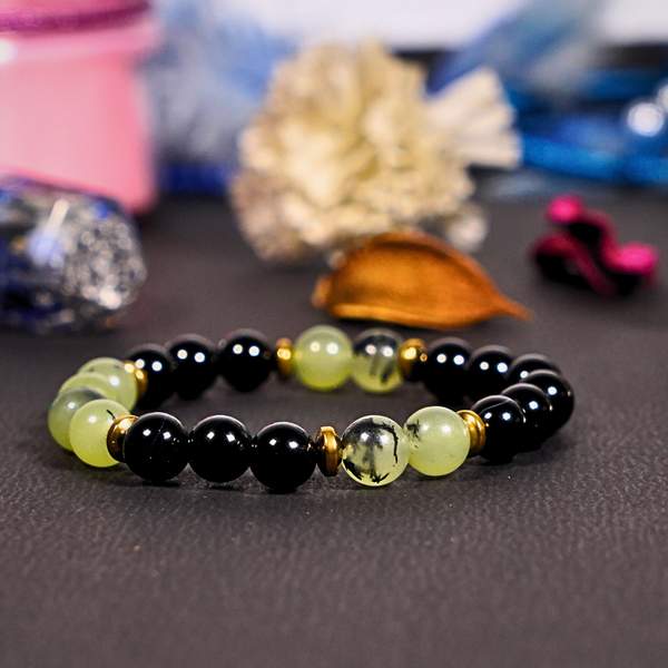 Natural Prehnite and Black Tourmaline Crystal Bracelet for Protection, & Healing