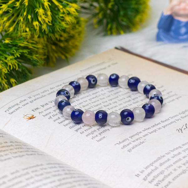 Natural Rose Quartz and Evil Eye Crystal Bracelet for Enhance Love & Protection