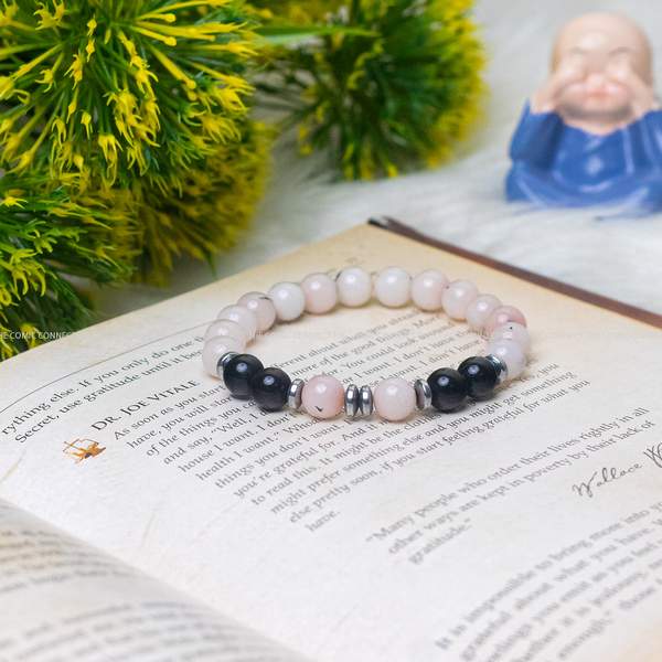 Pink Opal & Black Tourmaline Healing Bracelet for Stress Relief and Protection | 2