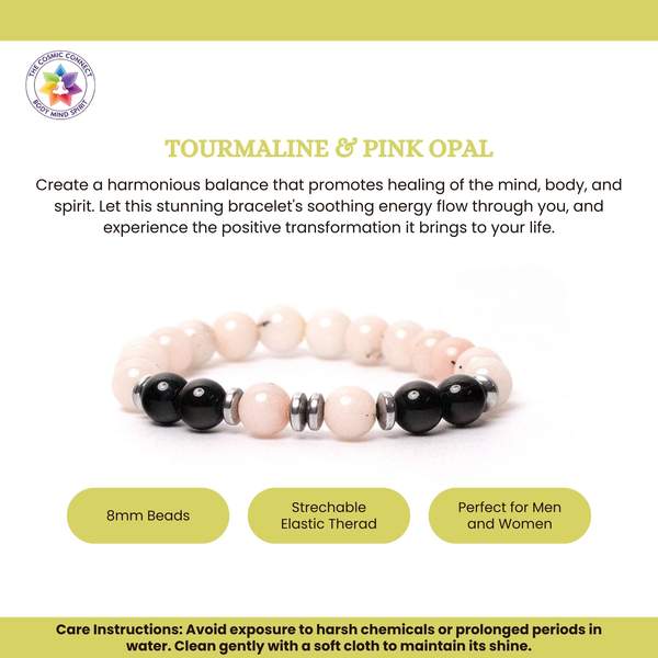 Pink Opal & Black Tourmaline Healing Bracelet for Stress Relief and Protection | 3