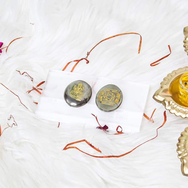Pyrite Coin Embedded Goddess Laxmi & Shree Yantra for Abundance