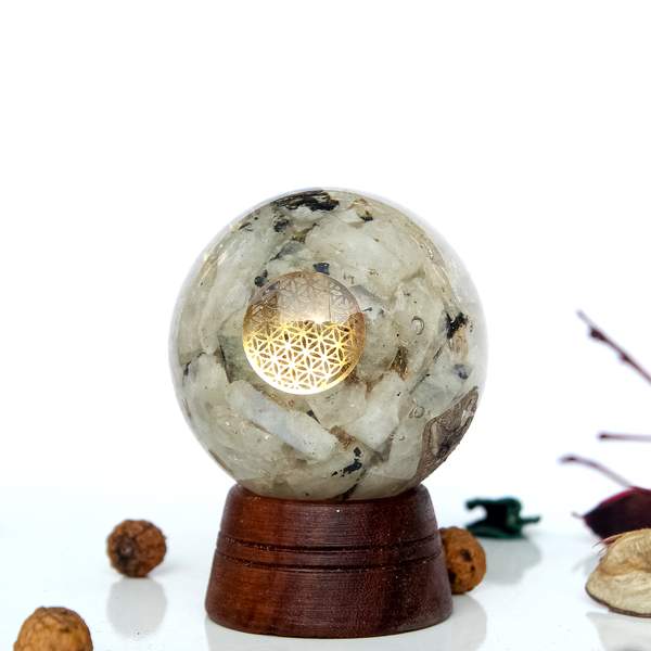 Rainbow Moonstone Orgone Sphere for Balance, Intuition, & Inner Harmony