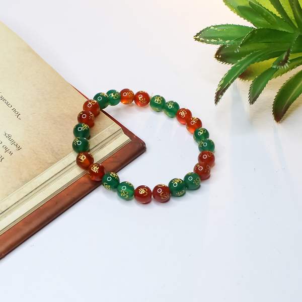 Red & Green Onyx Om Bracelet for Strength, Balance & Protection | Reiki-Charged