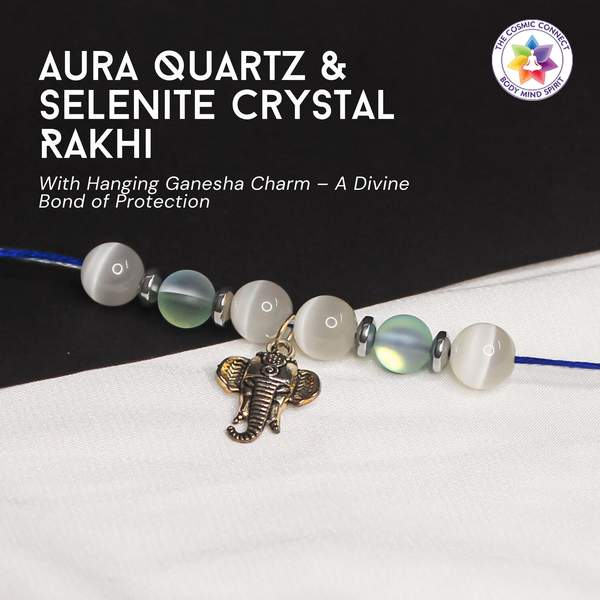 Reiki-Charged Blue Aura & Selenite Crystal Rakhi for Protection, & Peace 2