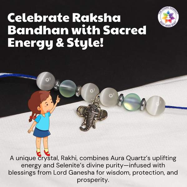 Reiki-Charged Blue Aura & Selenite Crystal Rakhi for Protection, & Peace 3