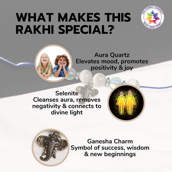 Reiki-Charged Blue Aura & Selenite Crystal Rakhi for Protection, & Peace 4