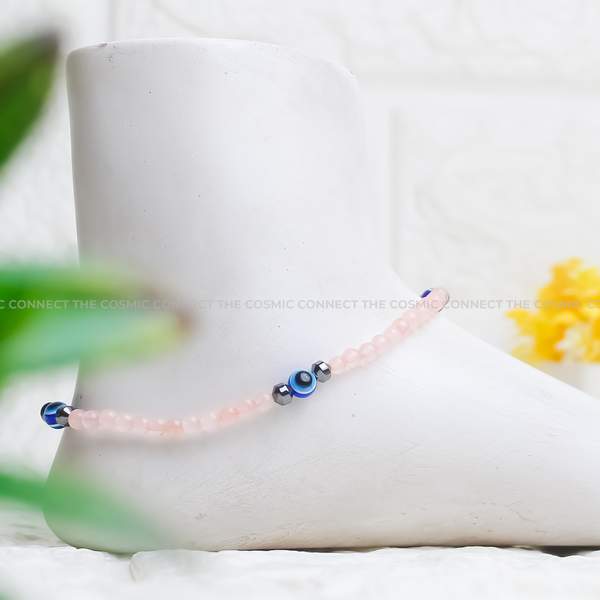 Rose Quartz Crystal Anklet for Love, Healing & Protection With Evil Eye Charm