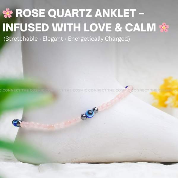 Rose Quartz Crystal Anklet for Love, Healing & Protection With Evil Eye Charm 3