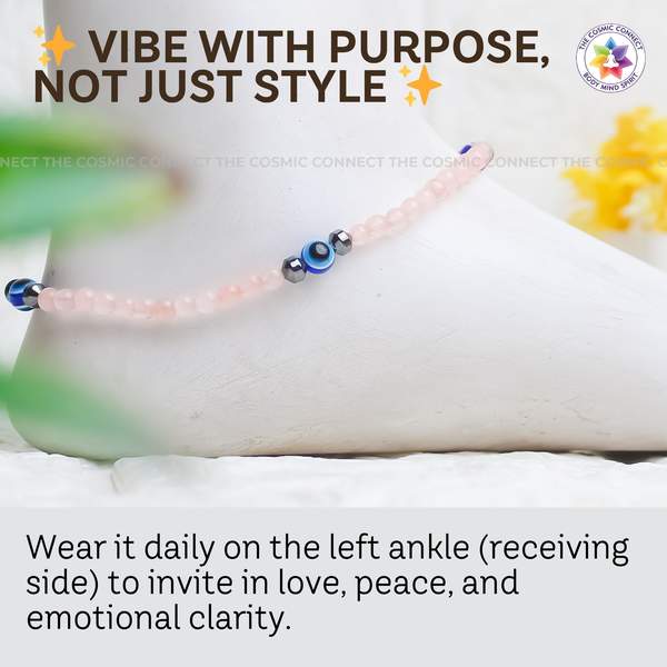 Rose Quartz Crystal Anklet for Love, Healing & Protection With Evil Eye Charm 5