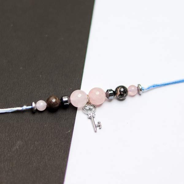 Rose Quartz & Rhodonite Rakhi Perfect for Love, Healing & Emotional Balance