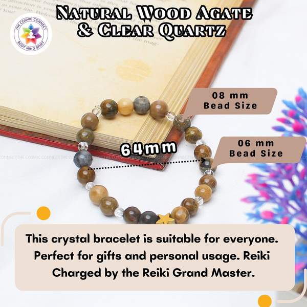 Wood Agate + Clear Quartz Healing Bracelet – Grounding, Clarity & Positive Aura 3